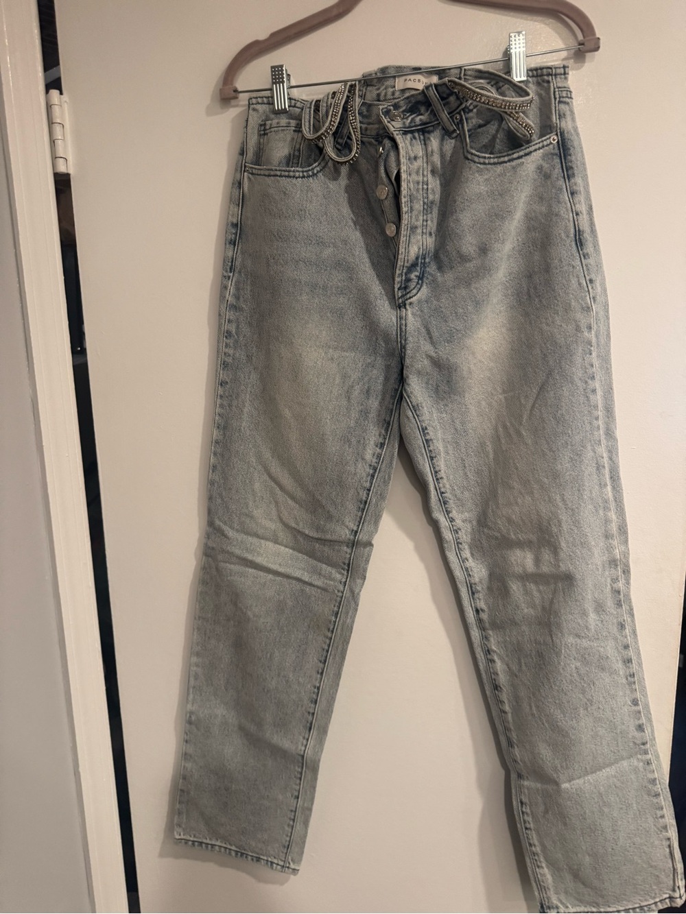 PacSun Light Blue Straight Leg Jeans Rhinestone Hip String Detail Size 27